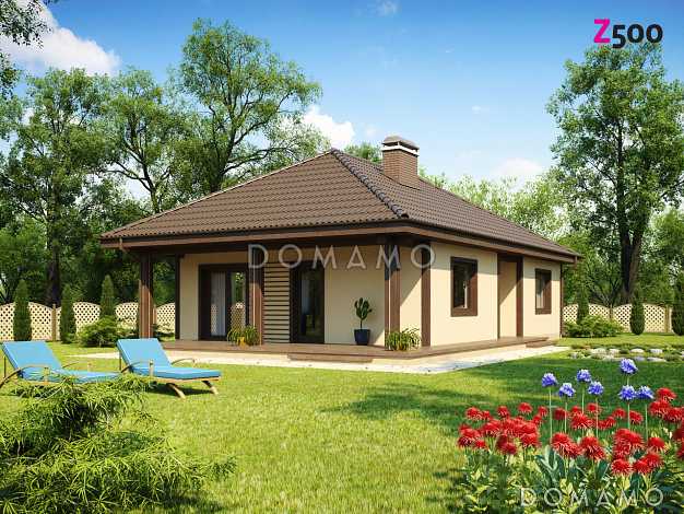 Проект компактного одноэтажного дома из газобетона с двумя спальнями и боковой террасой 