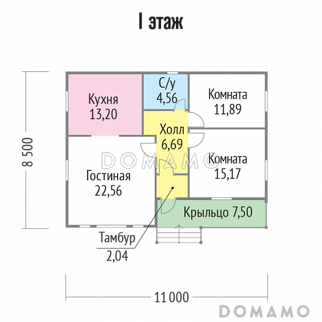 Проект бюджетного каркасного дома с небольшой крытой террасой / План 1 этажа