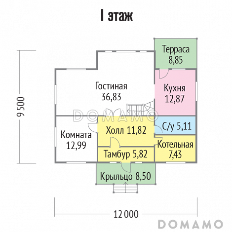 Проект дома из бруса с гардеробной комнатой / План 1 этажа