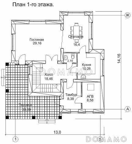 Проект двухэтажного дома с небольшой террасой / План 1 этажа