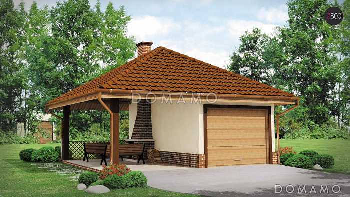 Проект одноместного гаража из кирпича с барбекю на террасе