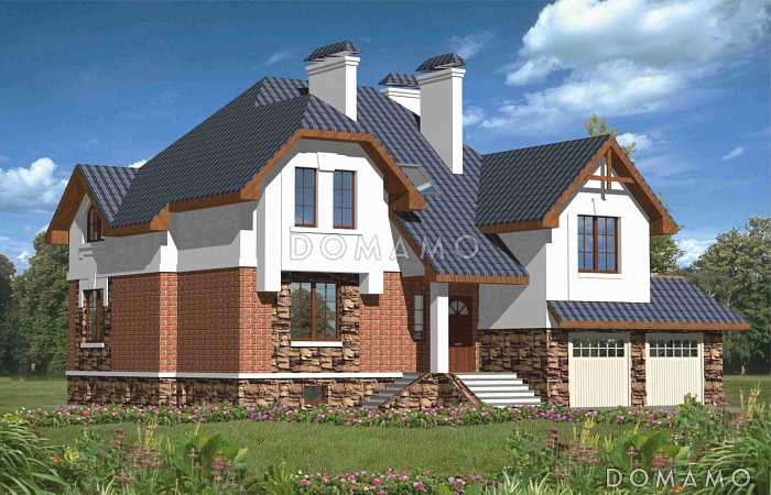Проект дома из кирпича с эркером и гаражом на 2 машины