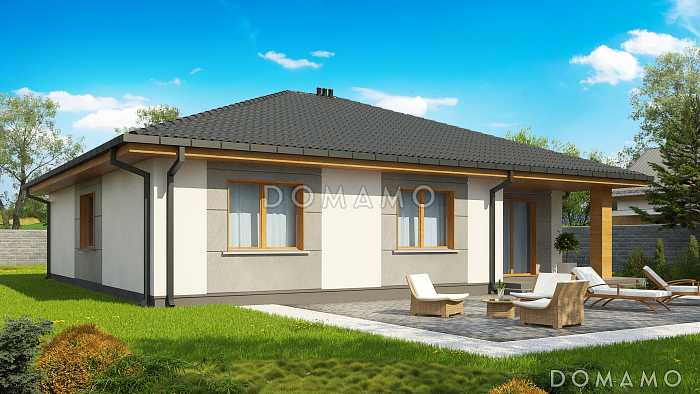 Проект одноэтажного дома с выделенной частной зоной, террасой, большой кухней, кладовой