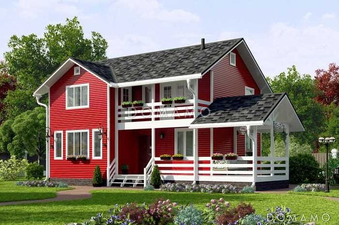 Проект яркого, каркасного дома с балконом на втором этаже