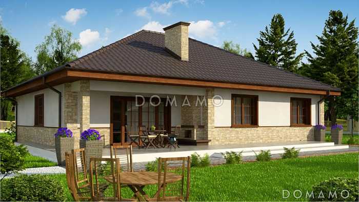 Проект одноэтажного дома из кирпича с тремя спальнями и небольшой крытой угловой террасой