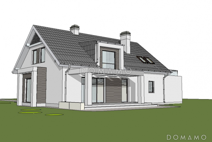 Проект одноэтажного мансардного дома из газобетона с эркером в кухонной зоне, вертикальным мансардным окном и гаражом на два автомобиля