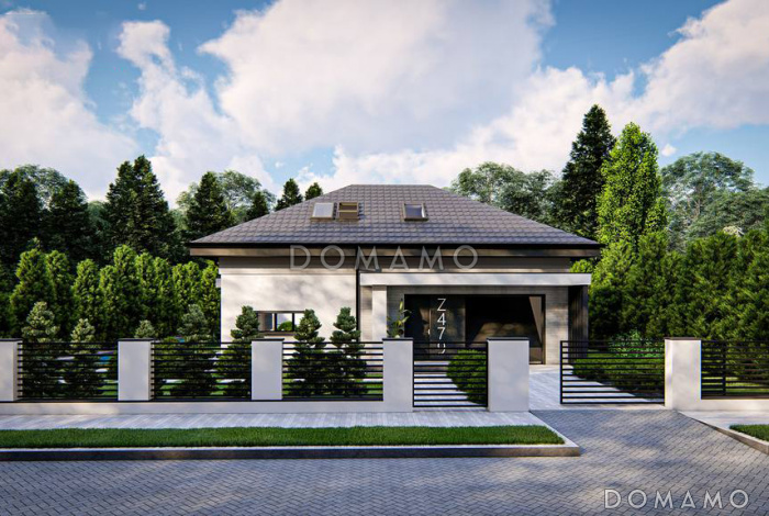 Проект загородного дома с гаражом на одну машину, кладовой на кухне, мастер-спальней в мансарде