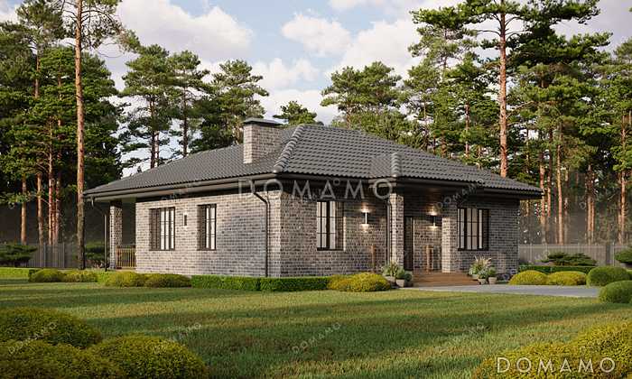 Проект одноэтажного дома с общей вальмовой кровлей над входной группой и террасой и отделкой фасада кирпичом