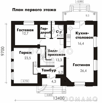 Проект дома из пеноблоков с гостевой комнатой на первом этаже и гаражом для одного автомобиля / План 1 этажа