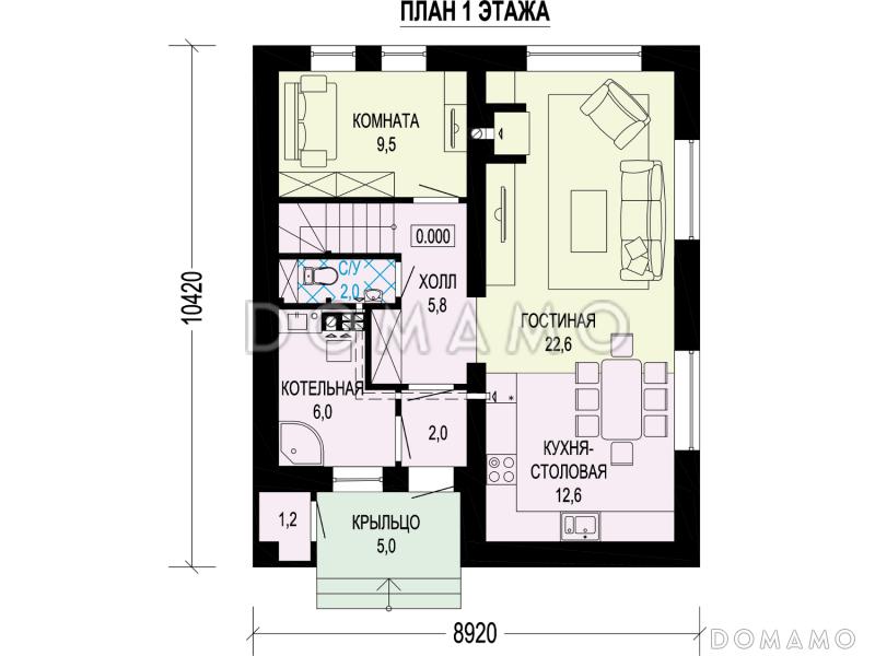 Проект загородного дома в стиле Барнхаус с тремя санузлами, гостиной с камином, кладовой у крыльца / План 1 этажа