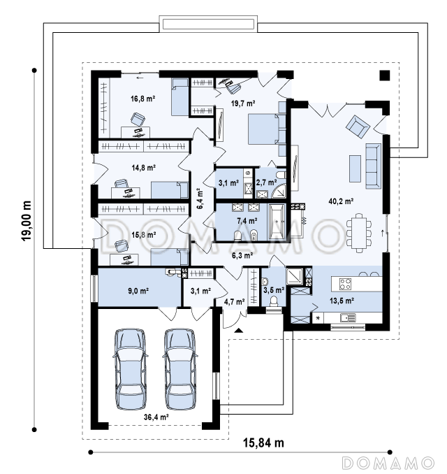 Проект одноэтажного дома из газобетона с просторной гостиной и гаражом на два автомобиля / План 1 этажа