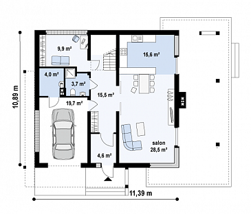 Проект простого комфортного двухэтажного дома из газобетона с тремя спальнями, вторым светом и гаражом / План 1 этажа
