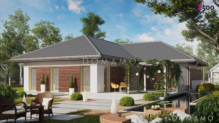 Проект одноэтажного дома из кирпича с большой террасой в угловой части дома и гаражом