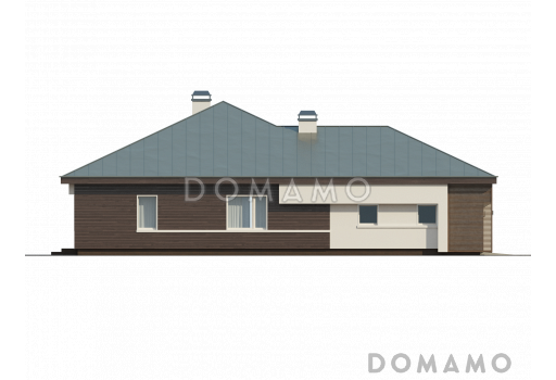 Проект одноэтажного дома из кирпича со стеклянным эркером в просторной гостиной и гаражом на два автомобиля с кирпичной облицовкой / Фасад 1