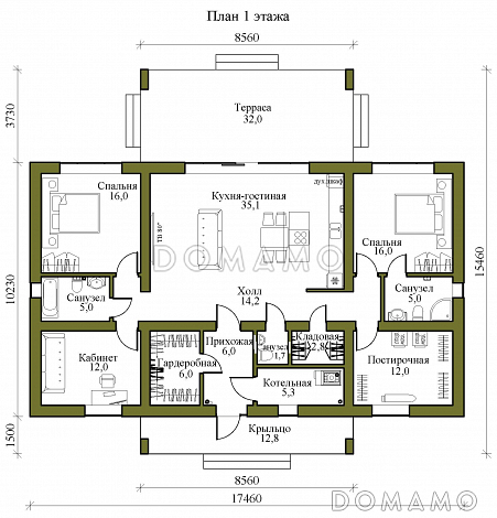 Проект одноэтажного газобетонного дома в стиле хай-тек с двумя спальнями, кабинетом и крытой террасой / План 1 этажа