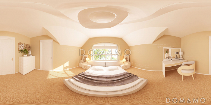 Проект одноэтажного мансардного дома из кирпича с кирпичной облицовкой с двумя балконами и барбекю на террасе