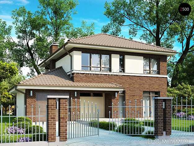 Проект привлекательного двухэтажного дома с гаражом на один автомобиль, кабинетом, крытой террасой,  балконом