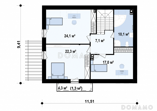 Проект одноэтажного мансардного дома из газобетона с кабинетом на первом этаже / План мансардного этажа