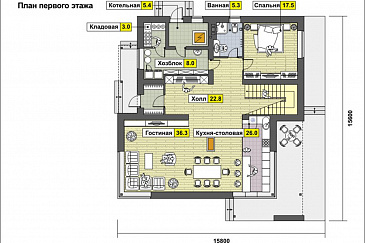 Проект дома из СИП панелей со спальней на первом этаже, ванной с окном, вторым светом в гостиной, двумя балконами / План 1 этажа