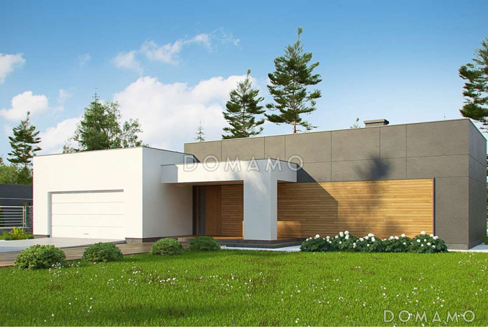 Проект современного одноэтажного дома из газобетона с плоской крышей, с большой угловой террасой и двухместным гаражом 