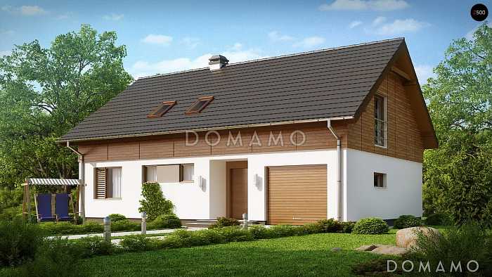 Проект одноэтажного мансардного дома из газобетона простой формы с кабинетом и встроенным гаражом