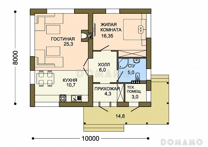 Проект одноэтажного домика с красной полосатой отделкой  фасадов / План 1 этажа