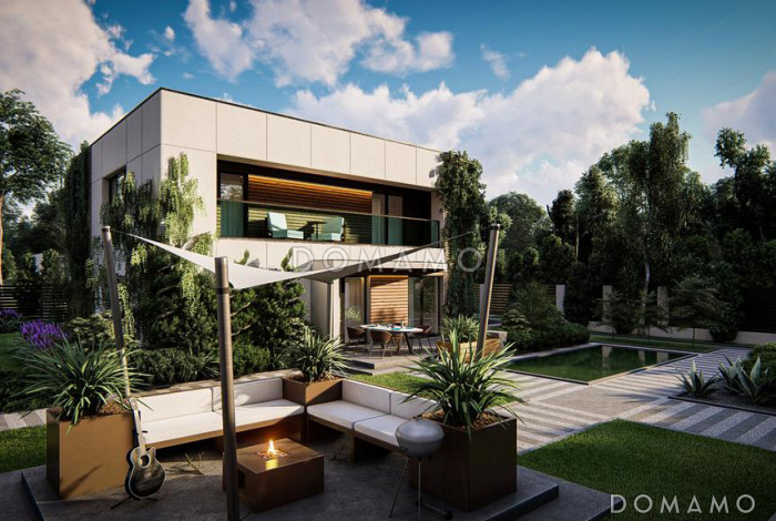 Проект двухэтажного дома с гаражом на одну машину, кладовой, хозяйской спальней