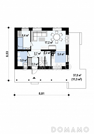 Проект компактного одноэтажного мансардного дома из газобетона с тремя спальнями и фронтальной террасой / План 1 этажа