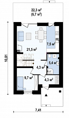 Проект двухэтажного дома из кирпича с кабинетом и балконом / План 1 этажа