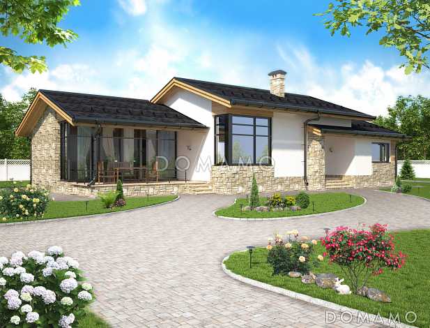 Проект одноэтажного дома по технологии ЛСТК с крытой террасой, сауной, тремя спальнями, большой кухней-столовой