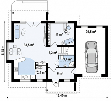 Проект одноэтажного дома из кирпича с жилым мансардным этажом и гаражом / План 1 этажа