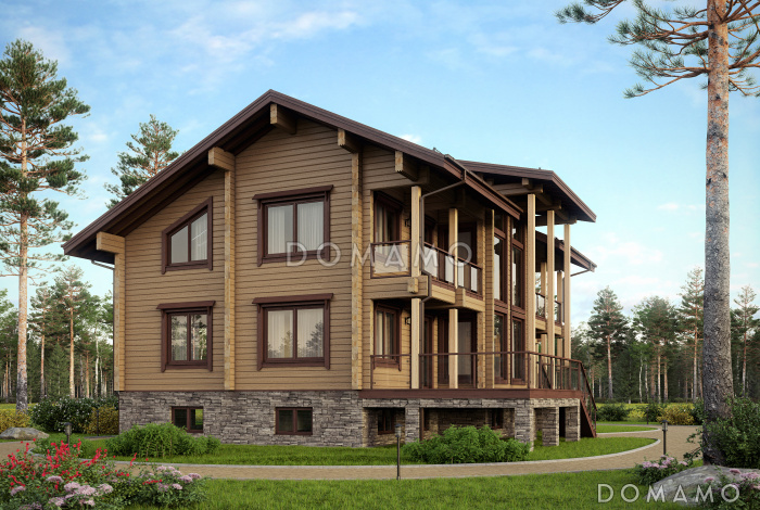 Проект особняка из бруса с цокольным этажем, тренажерным залом и панорамнымии окнами