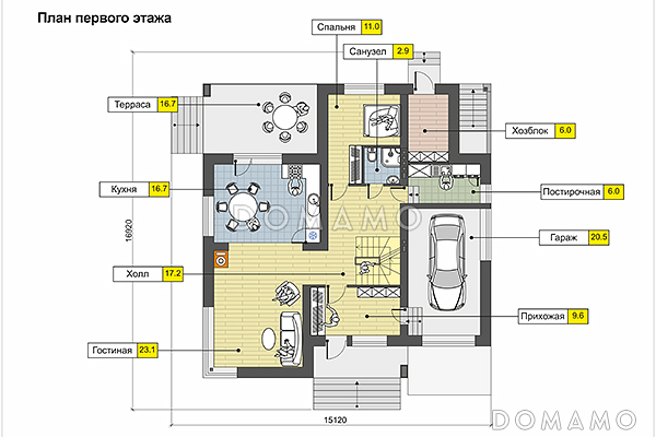 Дом с гаражом на одну машину, спальней на первом этаже, бильярдной в подвале / План 1 этажа