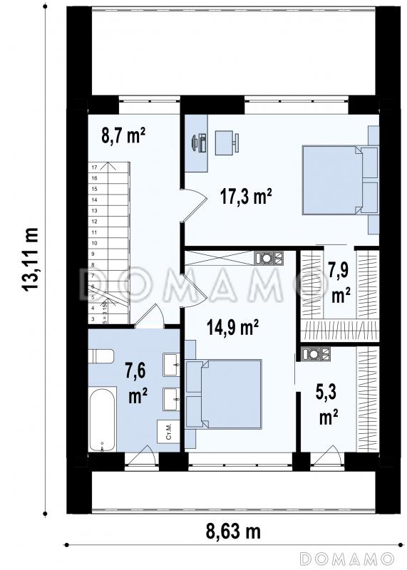 Проект современного двухэтажного дома из газобетона с кабинетом для узкого участка / План 2 этажа