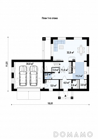 Проект современного двухэтажного дома из кирпича балконом, лоджией и открытой террасой над двухместным гаражом / План 1 этажа