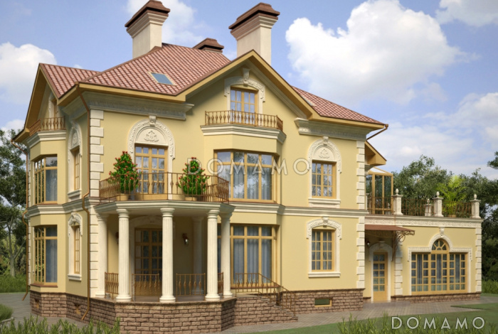 Проект двухэтажного особняка в классическом стиле, с бассейном, зимним садом и просторной террасой второго этажа 