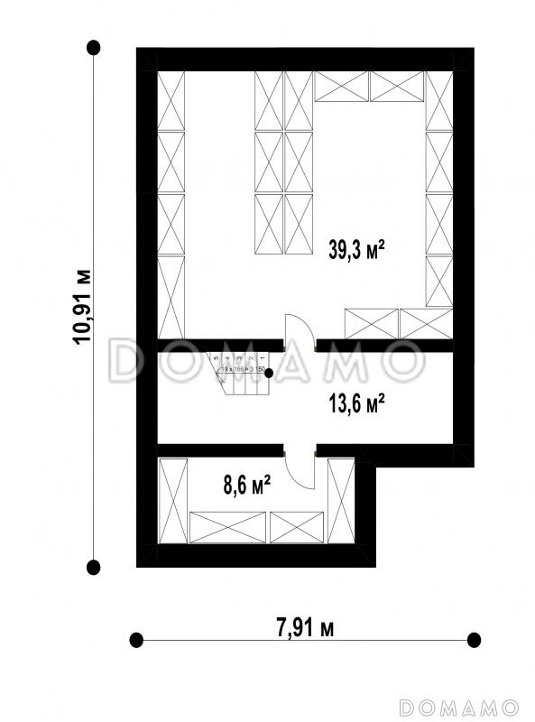 Проект загородного дома с подвалом, кладовой, гостиной с камином, тремя спальнями на втором этаже / План цокольного этажа