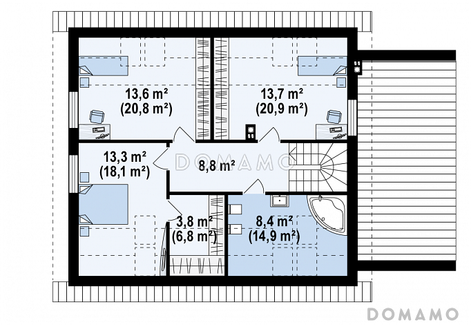 Проект одноэтажного коттеджа из газобетона с мансардным этажом, большой светлой гостиной и пристроенным гаражом / План мансардного этажа