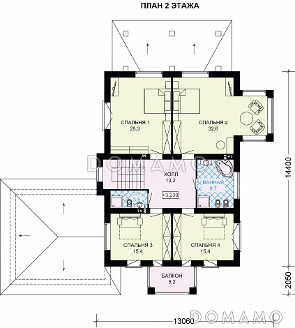 Проект двухэтажного дома с вместительным гаражом для двух авто / План 2 этажа