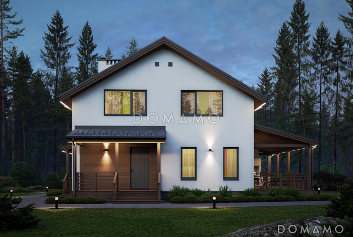 Проект дома с просторной дневной зоной, барбекю на террасе и тремя спальнями на мансарде