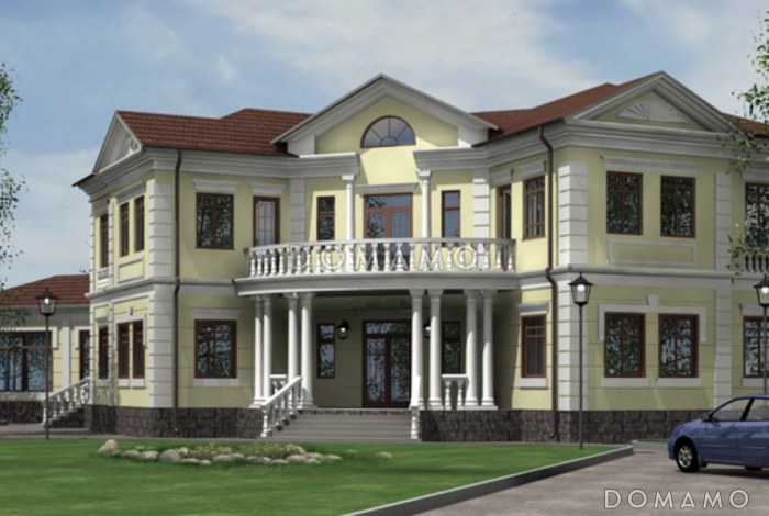 Проект двухэтажного особняка из кирпича с колоннами в классическом стиле