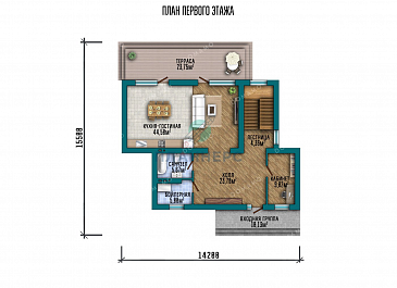 Проект двухэтажного дома с большой террасой и плоской крышей / План 1 этажа
