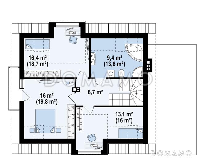 Проект одноэтажного мансардного дома из кирпича с остеклённым прямоугольным эркером, панорамными окнами на мансарде и гаражом / План мансардного этажа