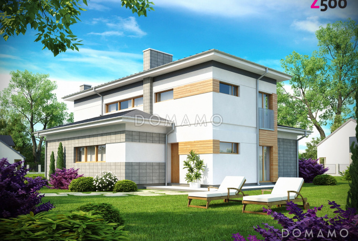 Проект современного двухэтажного дома из газобетона с четырьмя спальнями и пристроенным гаражом