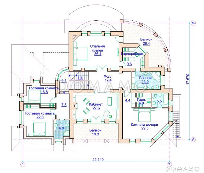 Проект коттеджа в стиле модерн с гаражом на 2 а/м и сауной / План 2 этажа