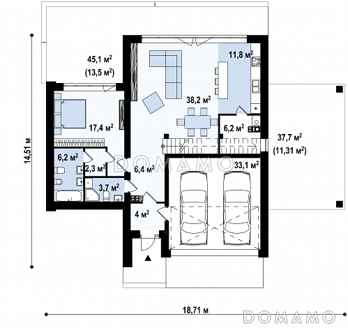 Проект современного двухуровневого дома из кирпича с несколькими террасами, двухместным гаражом и навесом / План 1 этажа