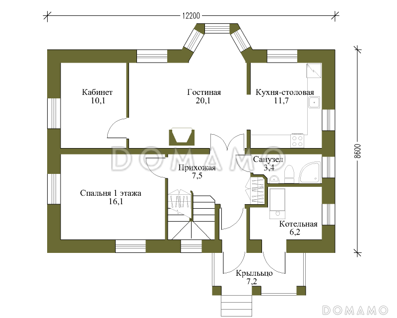 Проект каркасного коттеджа с лоджией в европейском стиле / План 1 этажа