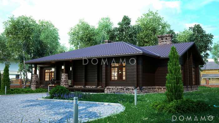 Проект одноэтажного дома с отделкой под брус и витражными окнами