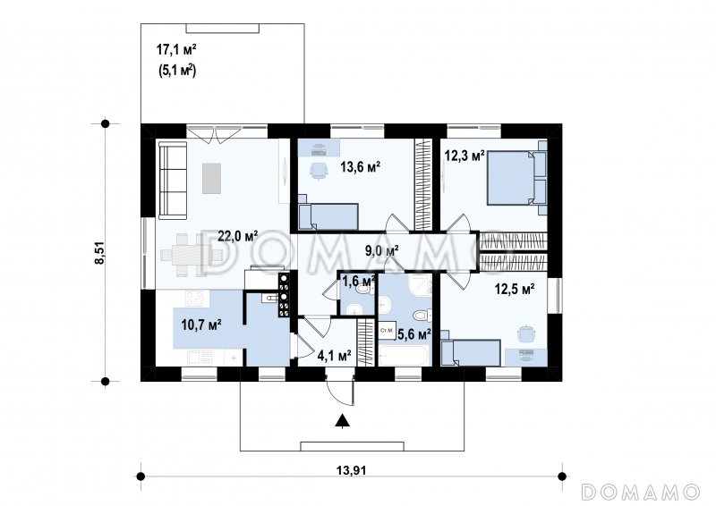 Проект классического одноэтажного дома из газобетона с тремя спальнями и светлой гостиной / План 1 этажа
