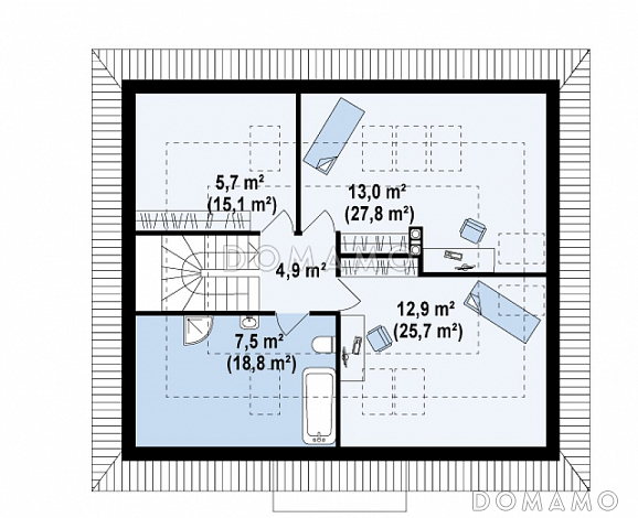Проект одноэтажного мансардного дома из газобетона с дополнительной комнатой и кабинетом на первом этаже / План мансардного этажа